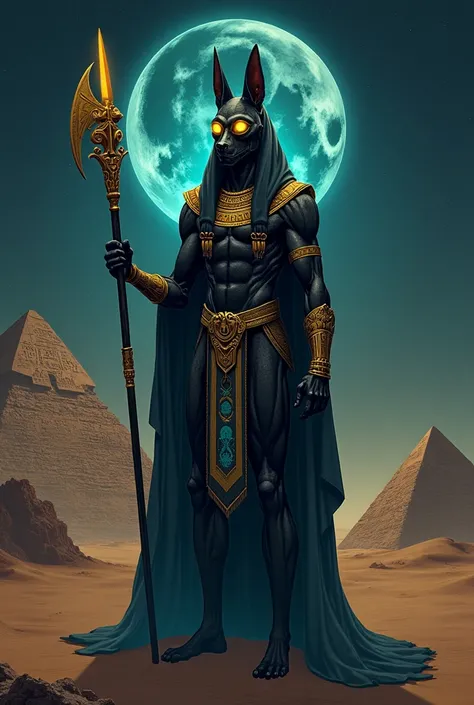  Draw a high-quality digital picture of Anubis, the god of death and embalming in ancient Egyptian mythology .  Anubis appears as a majestic figure with a jackal head and glowing golden eyes .  standing in a strong position, surrounded by ancient Egyptian ...