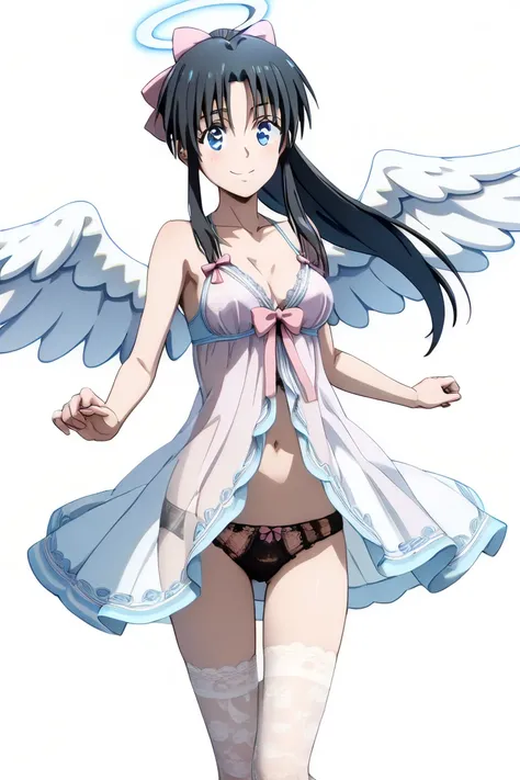 Half body, face focus, MASTER PIECE, HIGH QUALITY,  HD, 4K(((((Kamiya Kaoru wearing seethough babydoll-dress,lace print, angel wings, see_through thighthose, lace panty)))), (((sexy body))), ((((perfect girl anatomy)))), BLACK LONG HAIR, long ponytail hair...