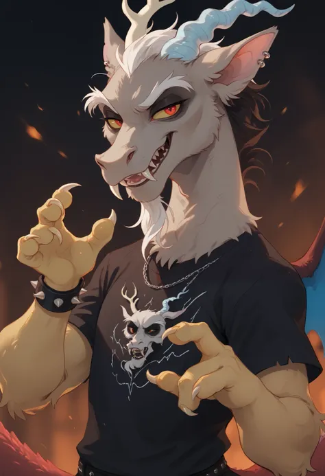 Male Discord, furry, goth, fangs, slay and cunty appearance, piercings, claws, dynamic pose