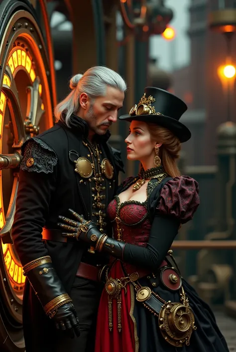 (best quality, 128k,highres,masterpiece:1.2),ultra-detailed,(realistic,photorealistic,photo-realistic:1.37), ((masterpiece)) ((photography)) ((Highest quality)) A romantic steampunk scene featuring Geralt of Rivia and his lover in a bustling industrial set...