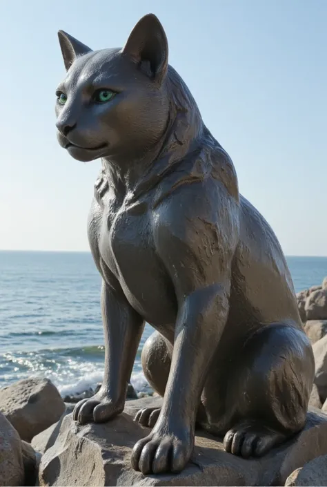 Make a rock stone statue of a cat with emerald eyes, create a full-body side view image similar to this cat, and set the background as an ocean. Generate a 4K photo-like image.

