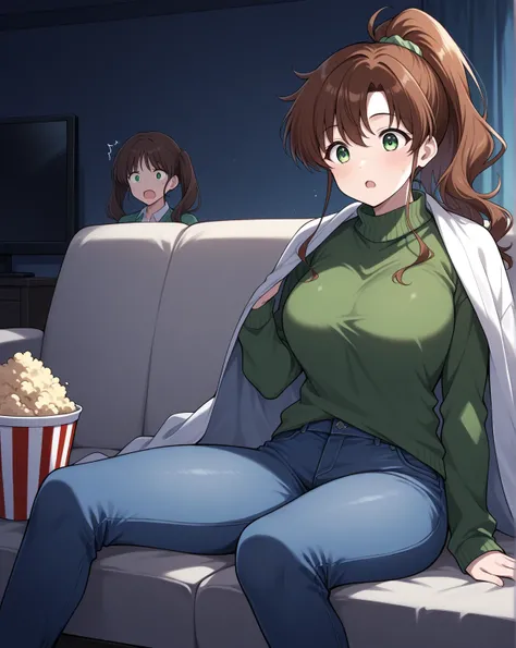 obra maestra, mejor calidad, 1 girl, LONg hair, Brown hair, green eyes, ponytail hairstyle, Green SWeater, covered with blanket, blanket in shoulders, living room background, dark room, no light, Kino Makoto, double ball hair band, tight Blue jeans, MEdium...