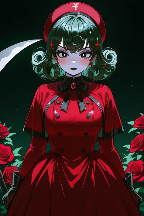 Girl with pale skin
Green curly hair,
Burgundy gothic dress,
Hat, gloves,
Dark lipstick
Burgundy roses, spikes.,john kafka,,0a00,soft rendering,eyes slightly darker than hair,white pupils,blush,glitter in hair,glitter on clothes and body,glossy,soft render...