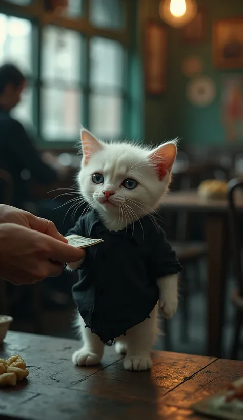 Make a sad face white kitten wearing a shabby torn black shirt is standing receiving money from the boss of the restaurant room background