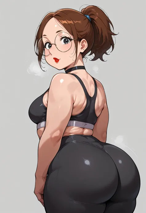 score_9, score_8_up, 1girl, solo, meg, brown hair, black eyes, pawg, looking at viewer, red lips, round glasses, choker. in yoga pants and sports bra with her hair ties up in a ponytail, showing her perfect toned ass, looking back at the viewer
