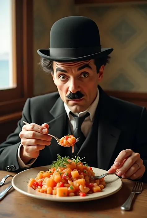 Charles Chaplin eating a plate of ceviche 