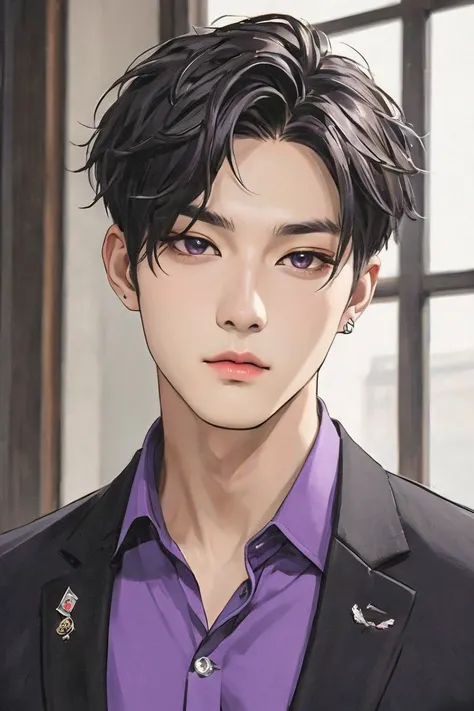 ( best quality 、8k、 absurd 、 highest grade、 portrait 、 short hair while on a business trip、 very short hair、 piercing above spo、 beautiful man 、 He wears a suit wearing a purple shirt and jacket、No tie、 sexy、KPOP BOY MASTERPIECE WITH QUALITY HD GRAPHICS 、 ...