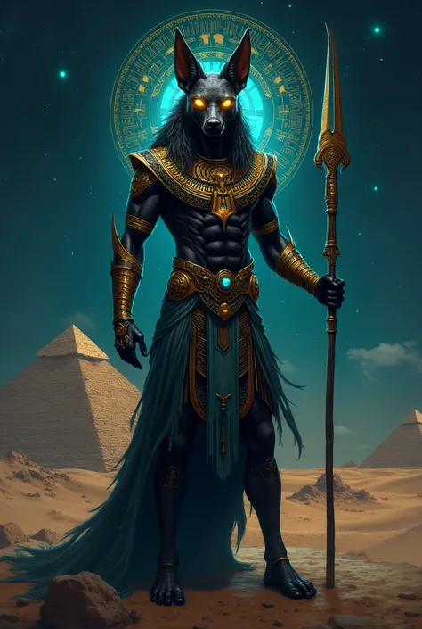  Draw a high-quality digital picture of Anubis, the god of death and embalming in ancient Egyptian mythology .  Anubis appears as a majestic figure with a jackal head and glowing golden eyes .  standing in a strong position, surrounded by ancient Egyptian ...