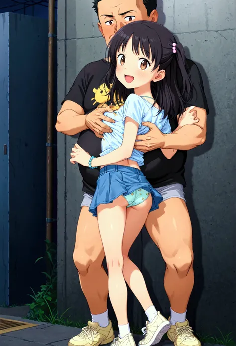  1 、 small breasts、 slender body、 Shiny Black Hair、 brown eyes、animal print shirt、 miniskirt、white socks、Cream colored shoes、 panties 、Back Alley、 ONE FAT MAN、 man grabs girl's chest 、Happy man、Reluctant girl