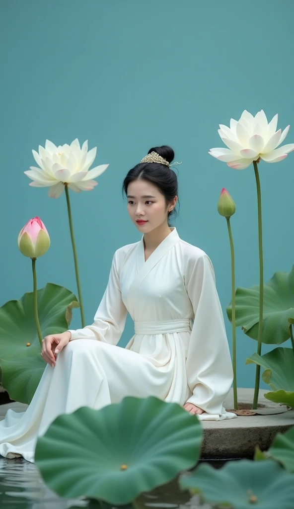  white lotus flowers are blooming , blue screen background, Its leaves proudly blossom on the surface of the water ..  A beautiful woman wearing a white Hanfu dress sits on a ruffle, Her flowing dress and delicate face , wrapped around her waist 。 She is s...