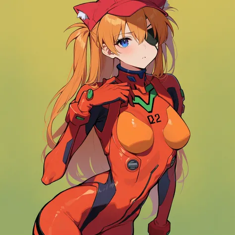 8K wallpaper、Masterpiece,   best quality  ,   yellow background,,  1 girl, Alone,    character、   Neon Genesis Evangelion  、   Shikinami Asuka Langley、  orange hair、 blue eyes、  RED PLUG SUIT  、  eye patch 、(Cat hat、black)  high detail,   anatomically accu...