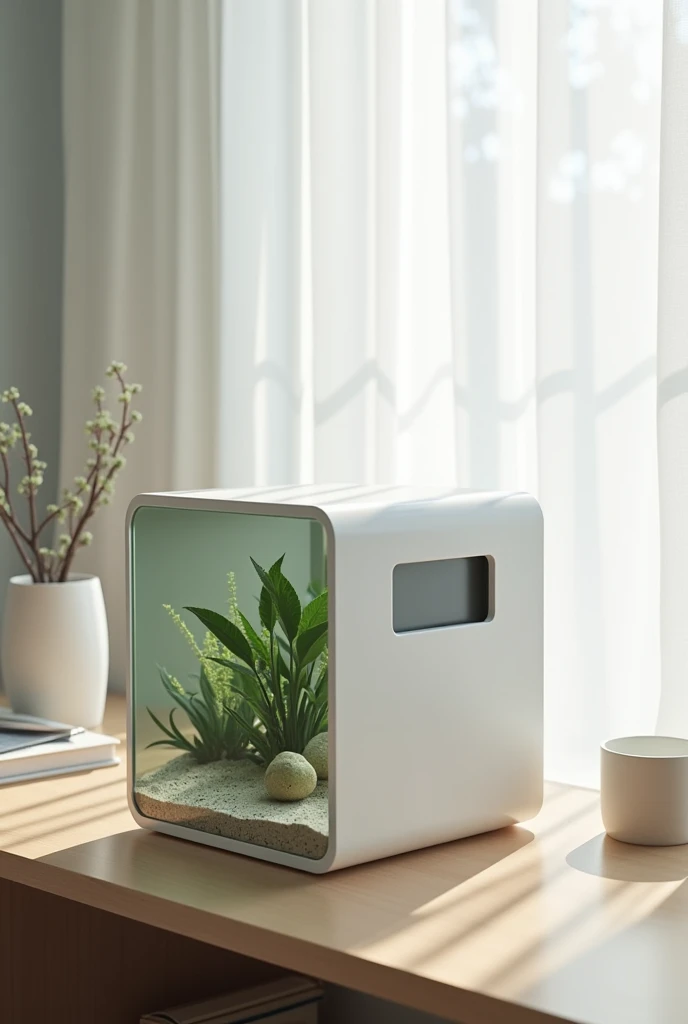 Cuboid shape mini aquarium with a little hole on the side that has filter for easier clean up