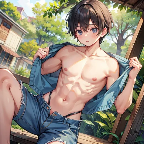 A boy putting on his mother's oversized overalls shirtless inside treehouse