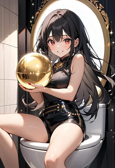 (masterpiece, best quality),1girl(medium breasts, big eyes, long hair, black hair, red eyes),solo, girl is sitting on a toilet seat and holding a glittering golden sphere.Sparkling shining sphere,grin,black shorts,