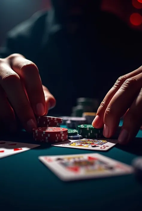 A picture with chips and poker deck, dark and very vibrant