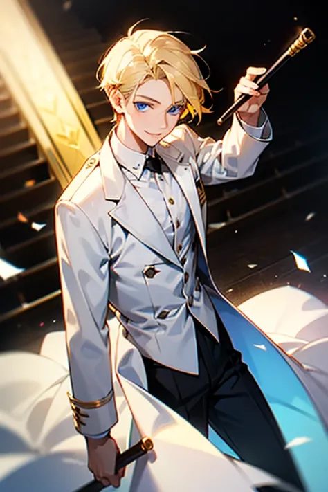 A young and charismatic man with a short blonde hair and blue eyes. Wearing a long white coat, white shirt and black pants. On the opera stage and holding a baton. Confident smile.