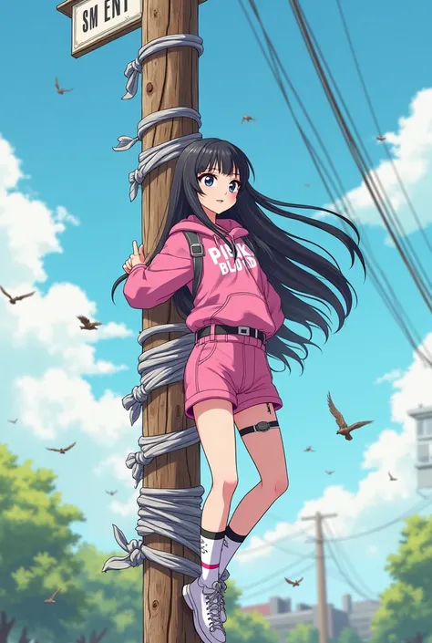 There's a girl tied to a utility pole with her body wrapped in fandom stuff. Write the name of the power pole as 'SM ENT'.  and the girl has long black hair., The clothes are pink, but “PINK BLOOD” is written on the top. The name is “JIAHN,” so , Add a nam...