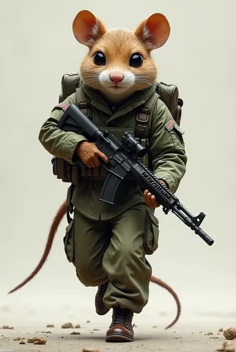  A full body seen from below, With the face of a mouse he is wearing army clothes with a gun and walking motion