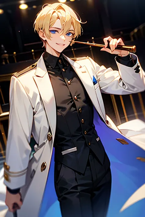 A young and charismatic man with a short blonde hair and blue eyes. Wearing a long white coat, white shirt and black pants. On the opera stage and holding a conductor's baton. Confident smile.