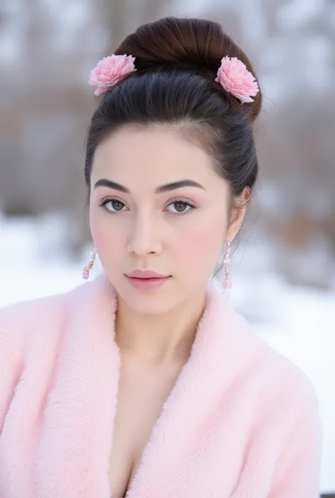 Close-up of a young woman with a traditional Chinese-style hairstyle and attire. 


Her hair is dark brown and styled in a high, elaborate bun, adorned with two delicate pink flower blossoms. Elegant, beaded earrings dangle from her ears. 


She has a fair...