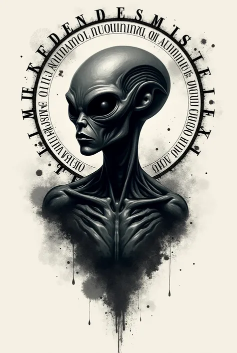  photo, tattoo, alien en negro, simple and detailed, Add encoded text with the words: Angel and Paris in a halo about the alien with letters in Latin, 