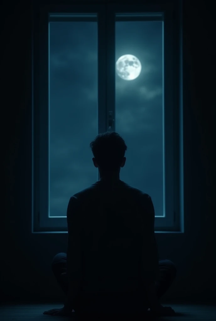 A man sits alone in his dark room in front of a window and looks at the moon at night and is sad 