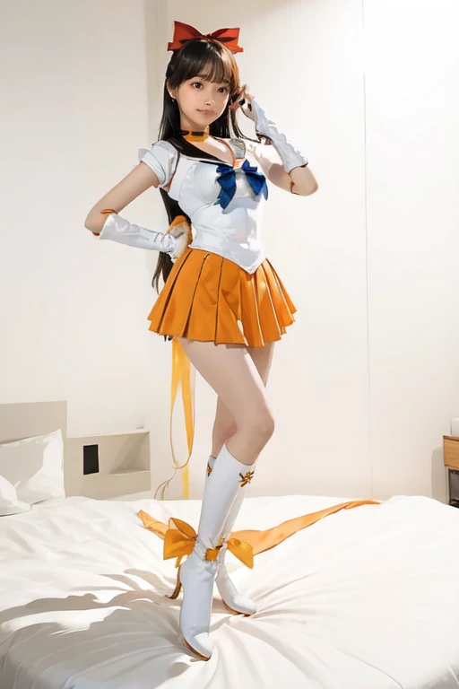 Masterpiece,  best quality ,  high resolution, Venus 1,  1 girl, Alone, Fighting Superheroine 、Transformed poses、 Idol、 sailor warrior uniform ,  sailor venus,  half up、 long hair、 hair bow、 Magical girl,black eyes, Orange collar、 Orange Skirt , Elbow-leng...