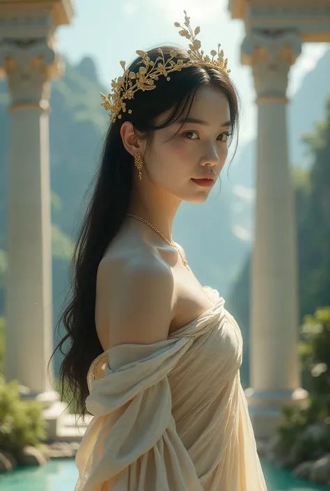 Create a character with long, straight black hair, white skin, inspired by Olympus, gold accessories and an 18-year-old girl, inspired by Greek mythology.