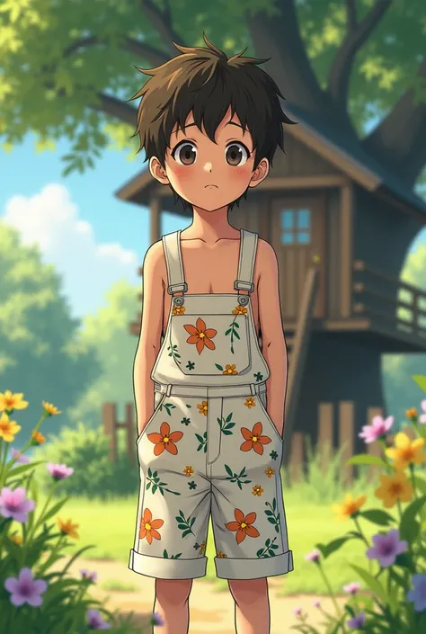 A boy putting on his mother's oversized floral overalls shirtless treehouse Ichigo Mashimaro style