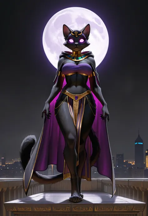 oil painting, photorealistic, no humans, furry, an anthro black cat standing on the roof, skyline of london, hood down,cape, purple bandeau, egyptian clothes, large breasts, (all purple glowing eyes without pupils), all black fur, furry female, anthro cat,...