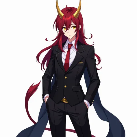  Better Quality, amazing quality,(source anime),young,man, long deep red hair , golden horns , yellow eyes,tuxedo black tunic ,red tie, long dark blue scarf , slender body with shapely muscles, full body , 