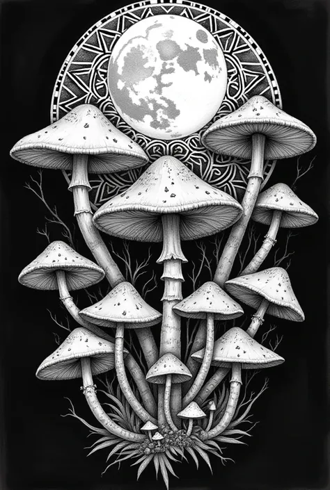 Mandala moon mushrooms in detail.  In black and white,  rich tattoo sleeve sketch.