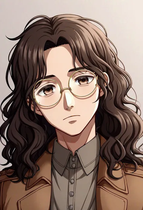 Solo, 30 year old man, soft facial features, dark brown eyes, long messy and wavy hair, round glasses, hollows under the eyes, slim, black high collar long coat, Attack On Titan Survey Corps uniform, AOT anime Style Image.