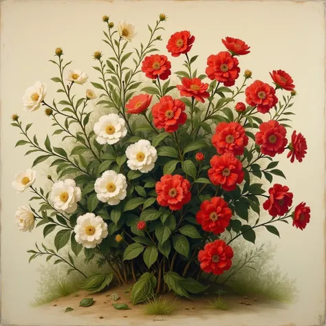 Early Renaissance-style image, of a white and red flower bush with no background