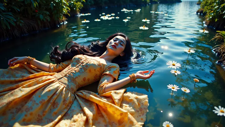  Professional Photography , Reality, Wong Kar-wai, photo,Top shot , She has long and messy black hair,  She is wearing beautiful makeup , photo前景有泡泡飛舞, “A cinematic scene inspired by John Everett Millais’ ‘Ophelia,’ incorporating dreamcore aesthetics and d...