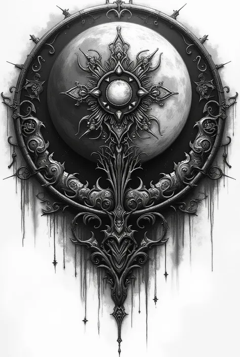 The evil moon mandala in detail.  In black and white,  rich tattoo sleeve sketch.