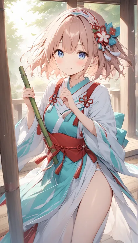  pale lines and soft colors create a dreamy effect.,  fleeting impression .., one woman 、Old Tree House 、 is cute 、Japan、Temple、Girls in shrine maiden clothes、 s、Young、 girl、 blue eyes、Japanese clothing、shrine、(red and white shrine maiden costume)、Dance、cl...