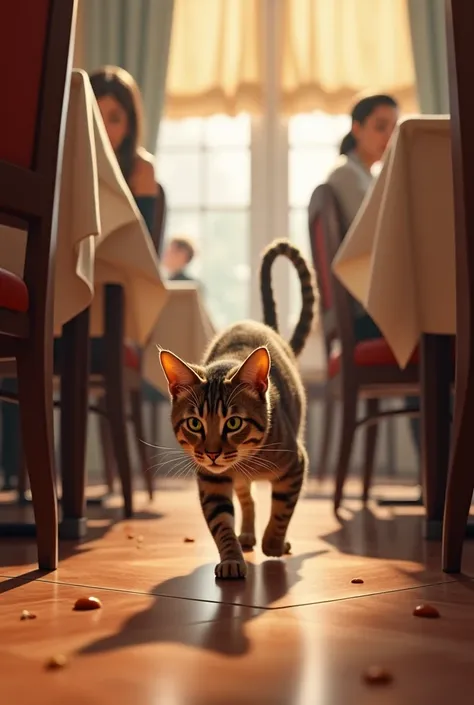 Create an ai image prompt about a mother cat looking for food in a restaurant