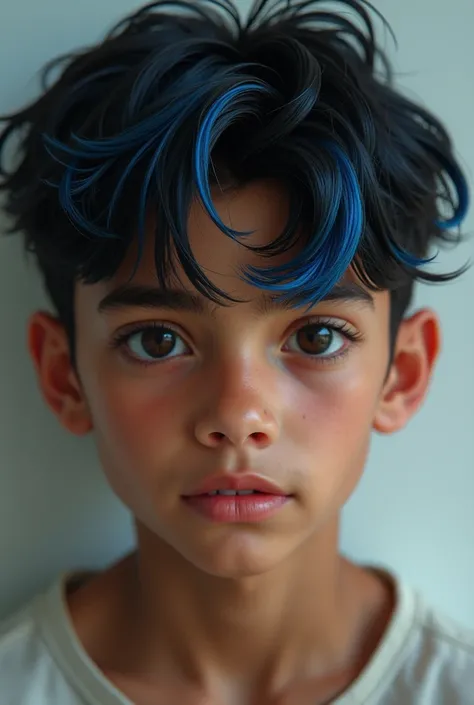  A 15-year-old Brazilian boy , Black-haired with blue tips, beautiful and slanted eyes, Ultra realistic person