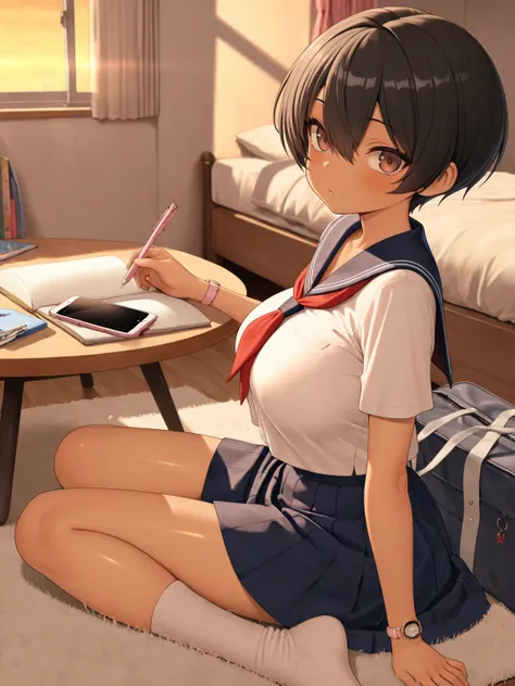 
masterpiece,amazing quality,best quality,ultra-detailed,8K,illustration,portrait,shiny Black hair,very short hair,hair between eyes,tan skin,looking Viewer,ultra detailed brown eyes, cute girl, large breasts,eyelashes,(loli:0.5),sitting on carpet , school...