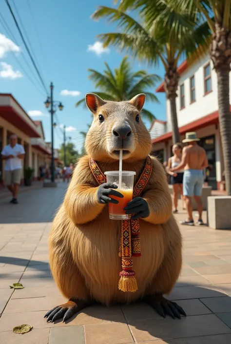 " A realistic-style capybara ,  sitting relaxed in a square in the center of Campo Grande ,  Mato Grosso do Sul .  She is holding a garter Traditional Tereré ramp with a metal pump detailed, while enjoying the drink . around,  it is possible to see the typ...