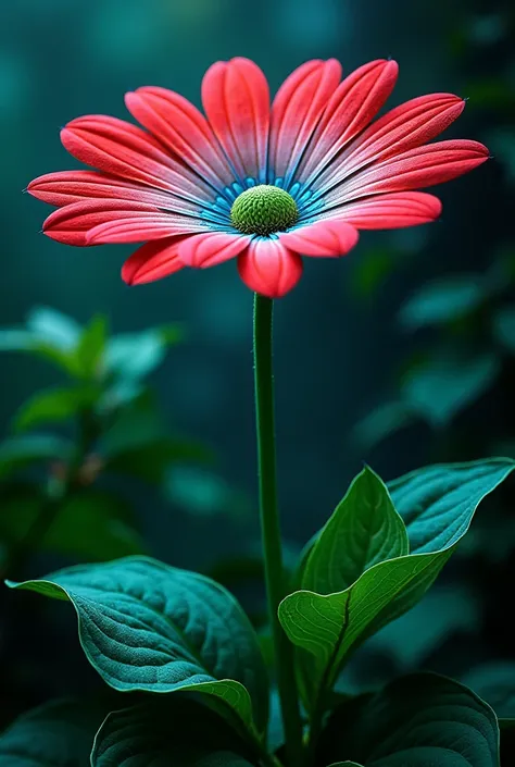  red pointed petals ,Blue leaf veins , dark green stems and leaves , emits blue part,plant