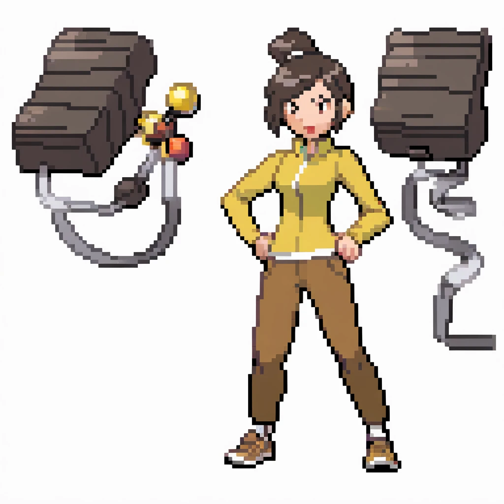 Generation 4 style Electric-style gym leader.  Alone, Young female, Age, 27 years old, Yellow long-sleeved shirt and brown brown pants, has characteristics of a software programmer. 