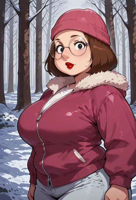 score_9, score_8_up, 1girl, solo, meg, brown hair, black eyes, pawg, looking at viewer, red lips, round glasses, cowboy shot, purple fur-trimmed jacket, pink beanie, pawg, nose. snow forest. large breasts
