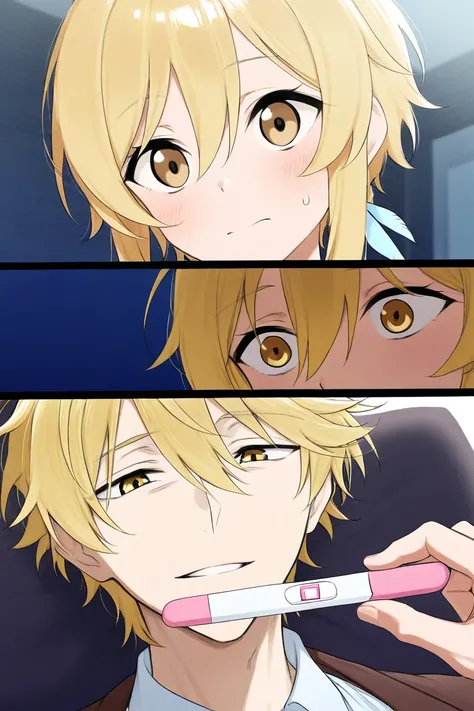 Lumine blonde hair golden eyes shows a pregnancy test to blond haired Aether and runs out to hear the news that he will be a father scenes from comics