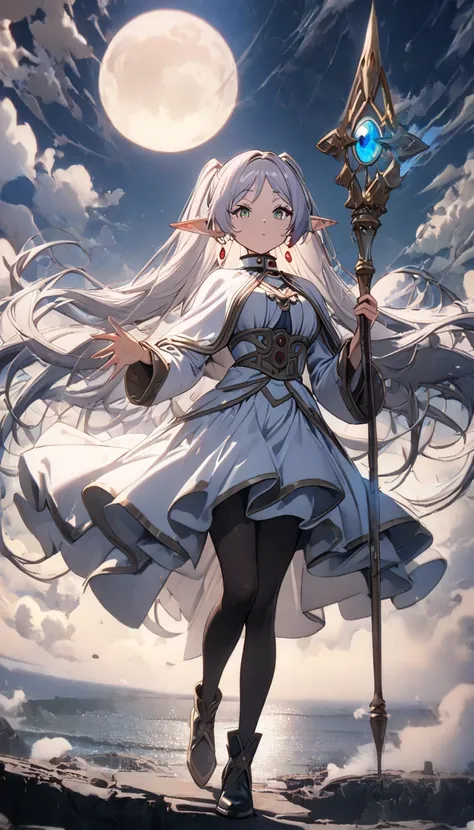 (A flying anime girl holding a staff, a beautiful sorceress of the sky:1.5), (A girl gazing down from high in the sky:1.4), (beautiful girl:1.3), 1girl, masterpiece, Highest quality, Ultra-high resolution, rich contrast , super high quality, 8k, Highly det...