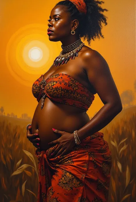 (paintrealism:1.2), beautiful Lyuya woman, big hip shape  curvy shape . Kindly construct an African woman image with an African art and culture products. Covering only her private part and boob's. Make these art like items so traditional that the woman's b...