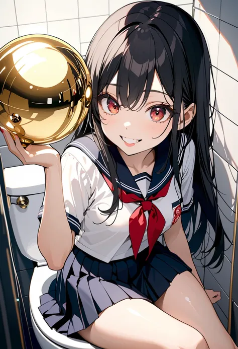 (masterpiece, best quality),subtle colors, post-grunge,  intricate details, detailed depiction,1girl(medium breasts, big eyes, long hair, black hair, red eyes),solo,slutty girl,grin,(wearing Japanese school-uniform), girl is sitting on a toilet seat and su...