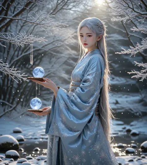 On a moonlit night, 静かなsnow女が立っている, snowy forest. Her long, Her flowing silver hair contrasts with her pale skin, She glows faintly in the moonlight. Yuki-onna wears a traditional white kimono embroidered with delicate ice patterns like snowflakes and has ...