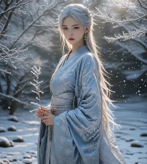 On a moonlit night, 静かなsnow女が立っている, snowy forest. Her long, Her flowing silver hair contrasts with her pale skin, She glows faintly in the moonlight. Yuki-onna wears a traditional white kimono embroidered with delicate ice patterns like snowflakes and has ...